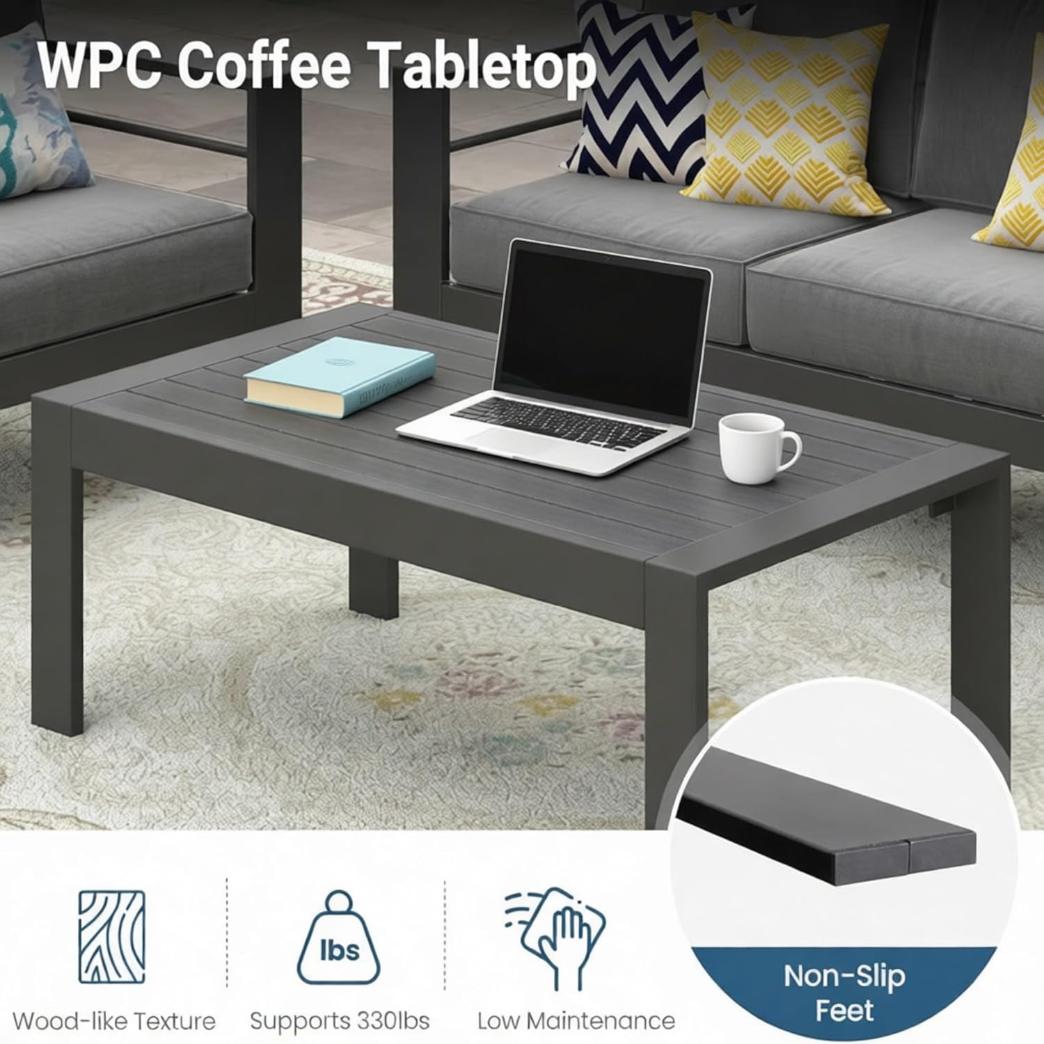 Rust-Proof Aluminum Coffee Table, Contemporary Center Table with WPC Slatted Top, Modern Centerpiece for Patio & Outdoor Use, Gray