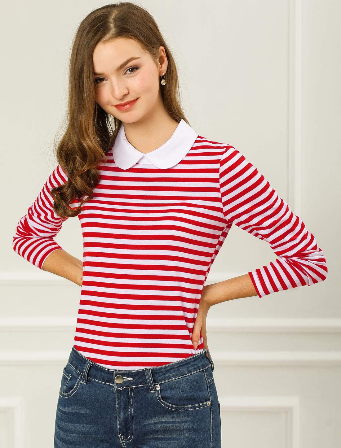 Allegra K Damen T-Shirt Langarm Bubikragen Colorblock Casual Weihnachts Streifen Top Bluse