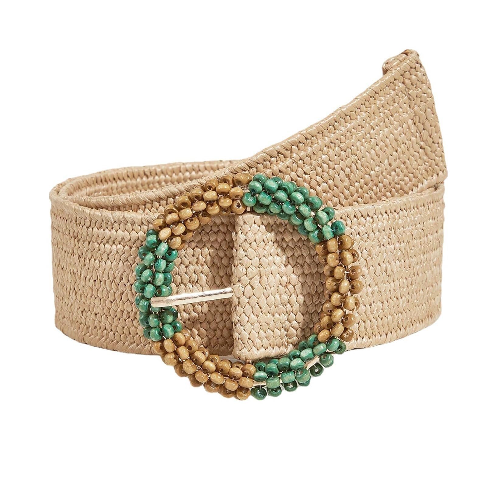 Womens Woven Rattan Wide Stretch Straw Belt Boho Braided Strap Round Buckle with Green Log Natural Craft Beads