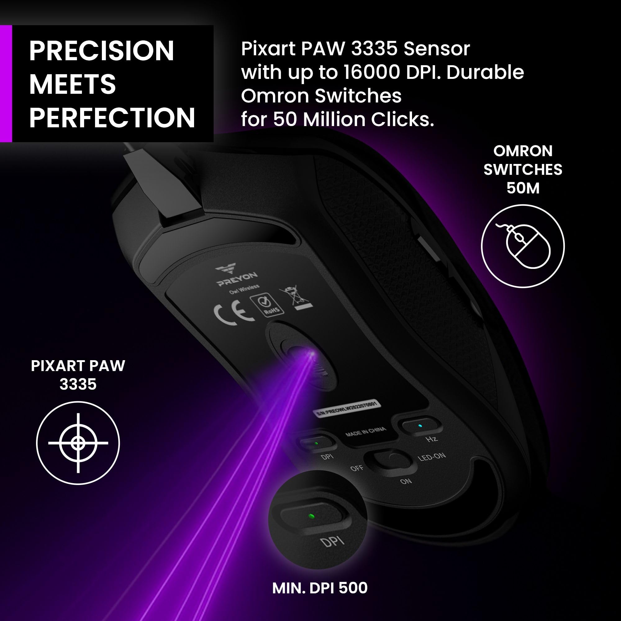 PREYON Mouse Gaming Wireless Ricaricabile Sensore a 16K Maus Ottico con Filo 1.8 m Pulsanti Programmabili Accessori Illuminazione RGB Compatibile con PC Laptop 2.4G Hz USB Portatile 85 g - Owl Nero