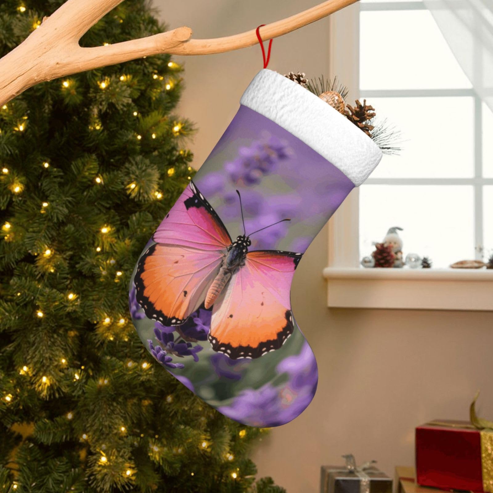 Velvet Christmas Stockings 17.7 Inch, Colorful Butterfly Xmas Stocking with Soft Cuff,Classic Personalized Christmas Tree Decoration for Family Holiday New Year Party Supplies