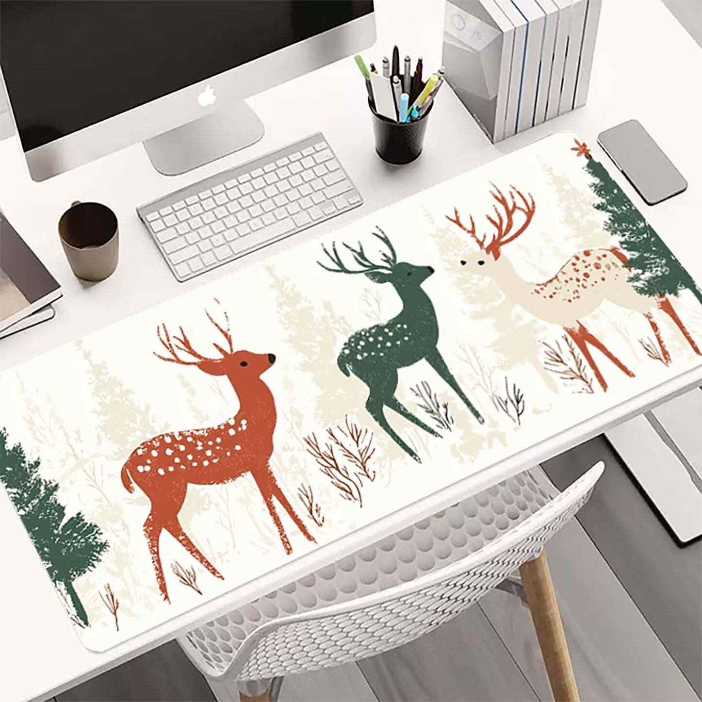 Lpfieonn Weihnachten Großes Schreibtischunterlage, XXL Schreibtischunterlagen, Weiß XXL Wasserdicht Gaming Mousepad mit Vernähter Rand und Rutschfeste Gummibasis, für Hause/Büro 120x60cm PF-3023