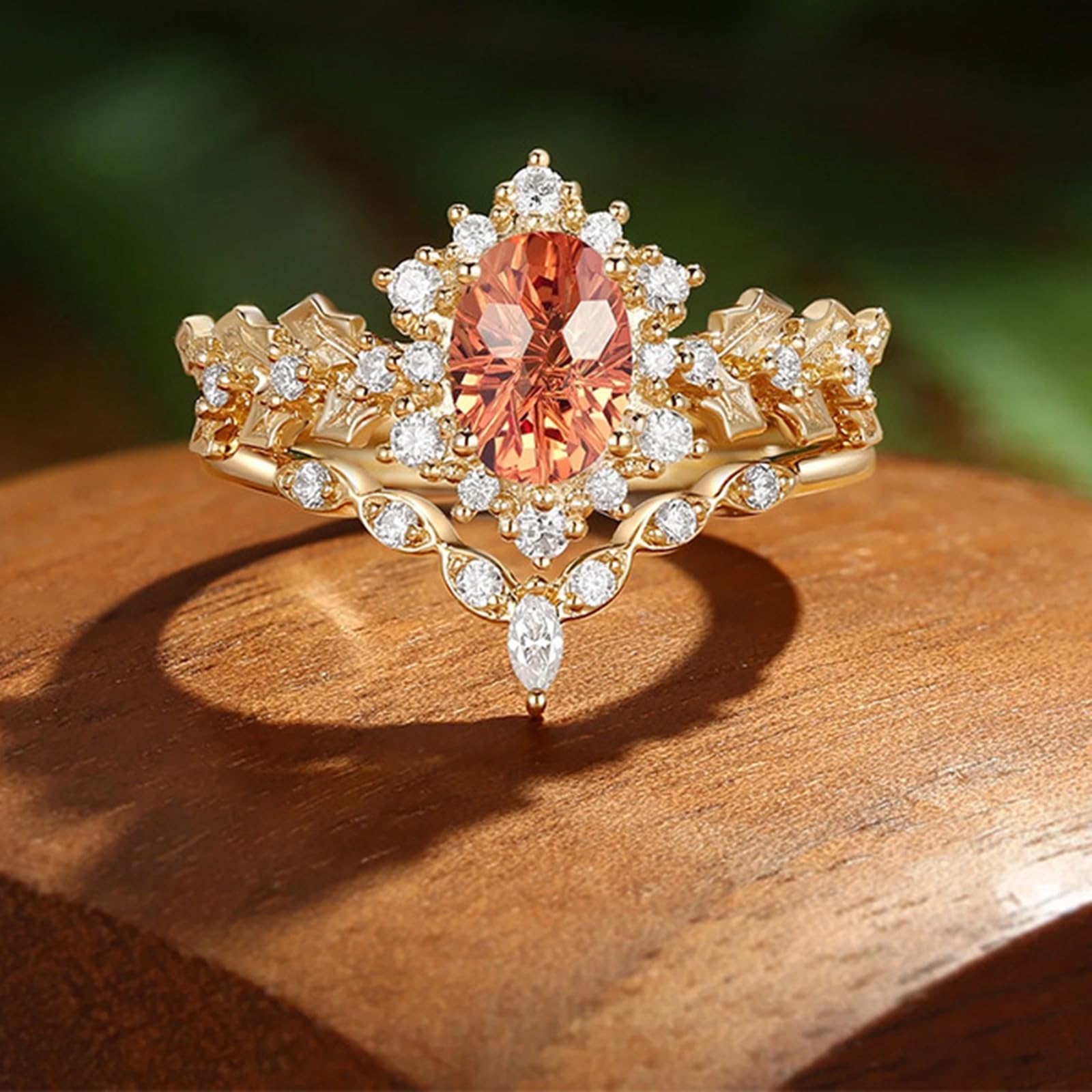 2-częściowy zestaw pierścionków damskich z owalnym pomarańczowym granatem (1,5 ct) i moissanit, 18K (750) żółte złoto pomarańczowe obrączki ślubne, rozmiar damski 63 (20,1)