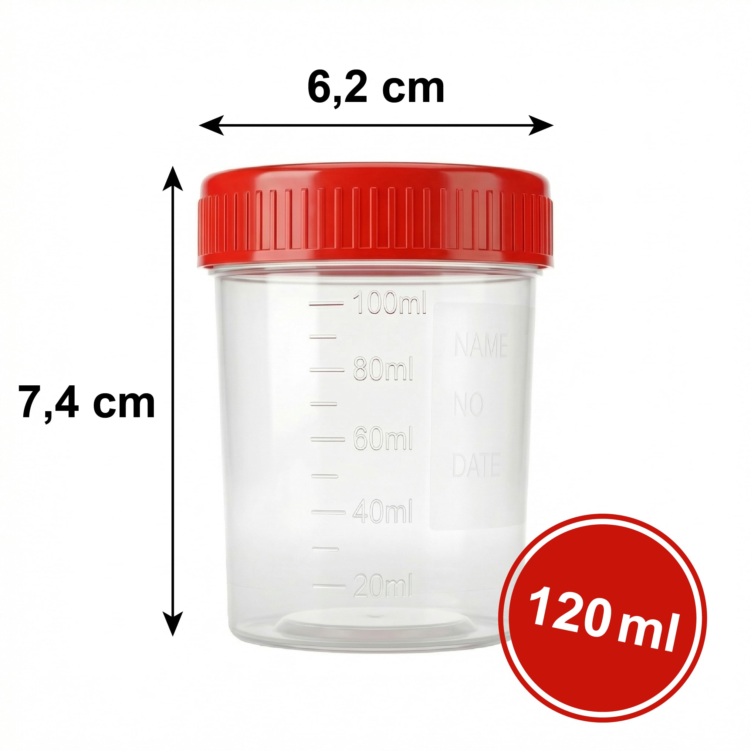 KMINA Colector de Orina 120 ml (200 unidades), Bote de Muestra con Tapón de Rosca Rojo, Graduado y con Banda Mate para Rotular, Higiénico