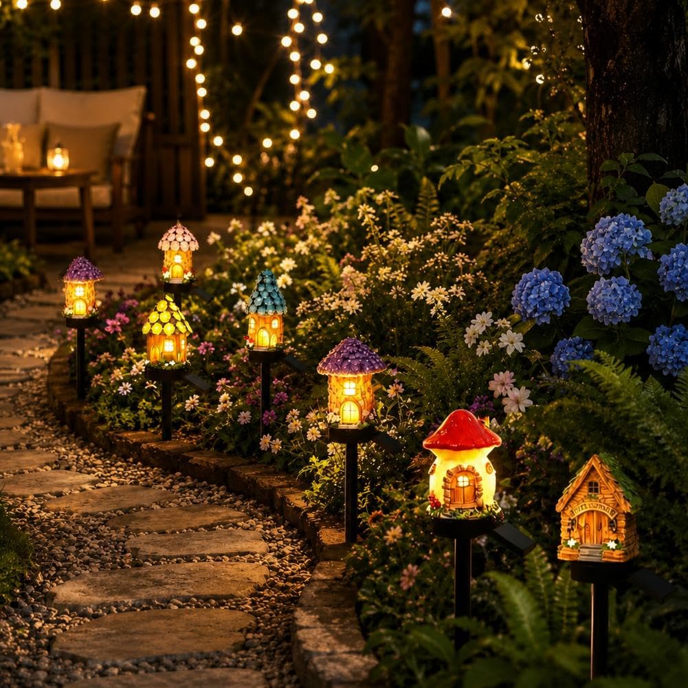 Solar Fairy-Tale Mushroom Cottage Garden Light,Waterproof LED Outdoor Mushroom House Statue Decor Lamp,Resin MushroomCottage Figurine Auto On/Off Landscape Pathway Light for Yard Patio Lawn Flower
