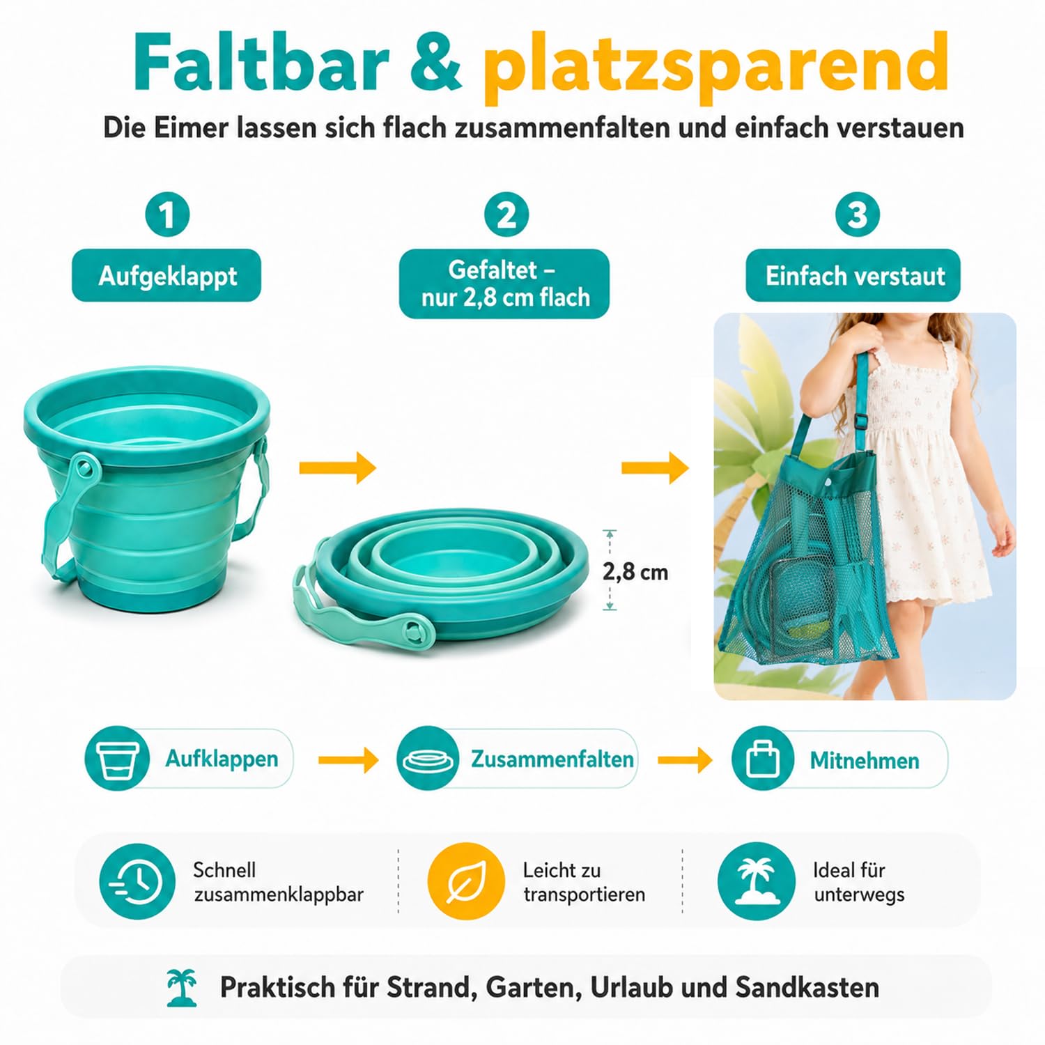 Sandspielzeug Kinder Strandspielzeug Set mit 2 faltbaren Eimern, Schaufel, Rechen, Sandsieb & Netzbeutel, 14-teiliges Sandkasten Spielzeug für Strand, Garten & Urlaub ab 3 Jahren