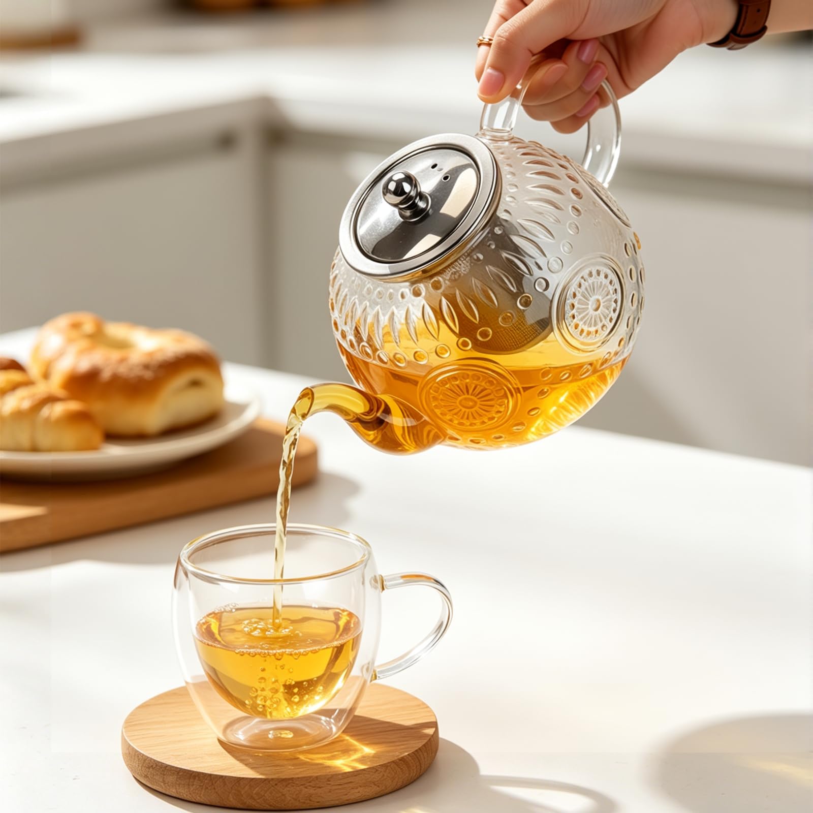 Teiera in vetro da 1500 ml, con infusore e sottopentola, per 4-6 tazze | Teiera in vetro borosilicato per foglie sfuse e tè in fiore, bustine di tè, lavabile in lavastoviglie e congelatore