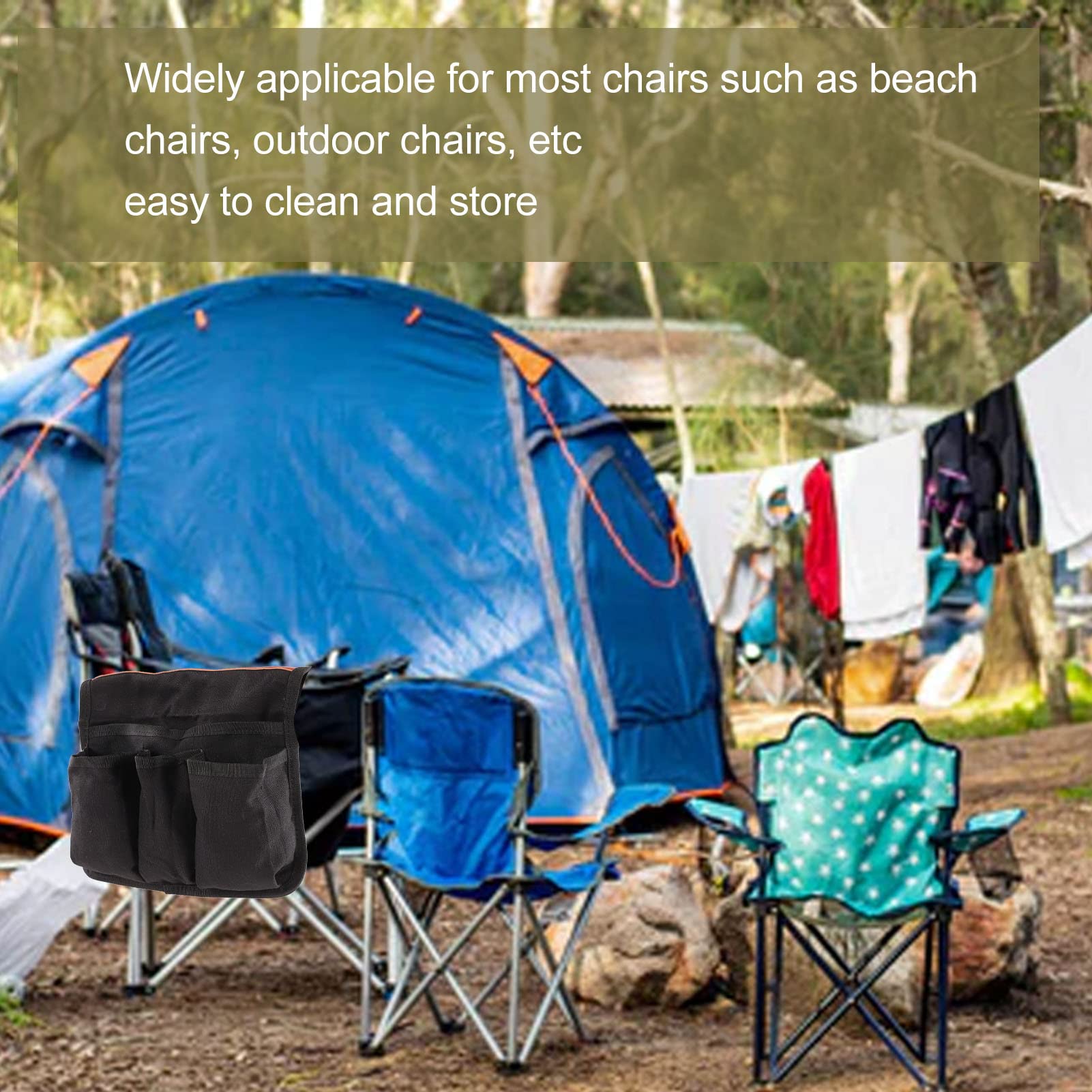 Chair Arm Organizer With 4 Pockets – Hanging Storage Bag For Camping, Beach, Bedside & Outdoor Chairs, Black