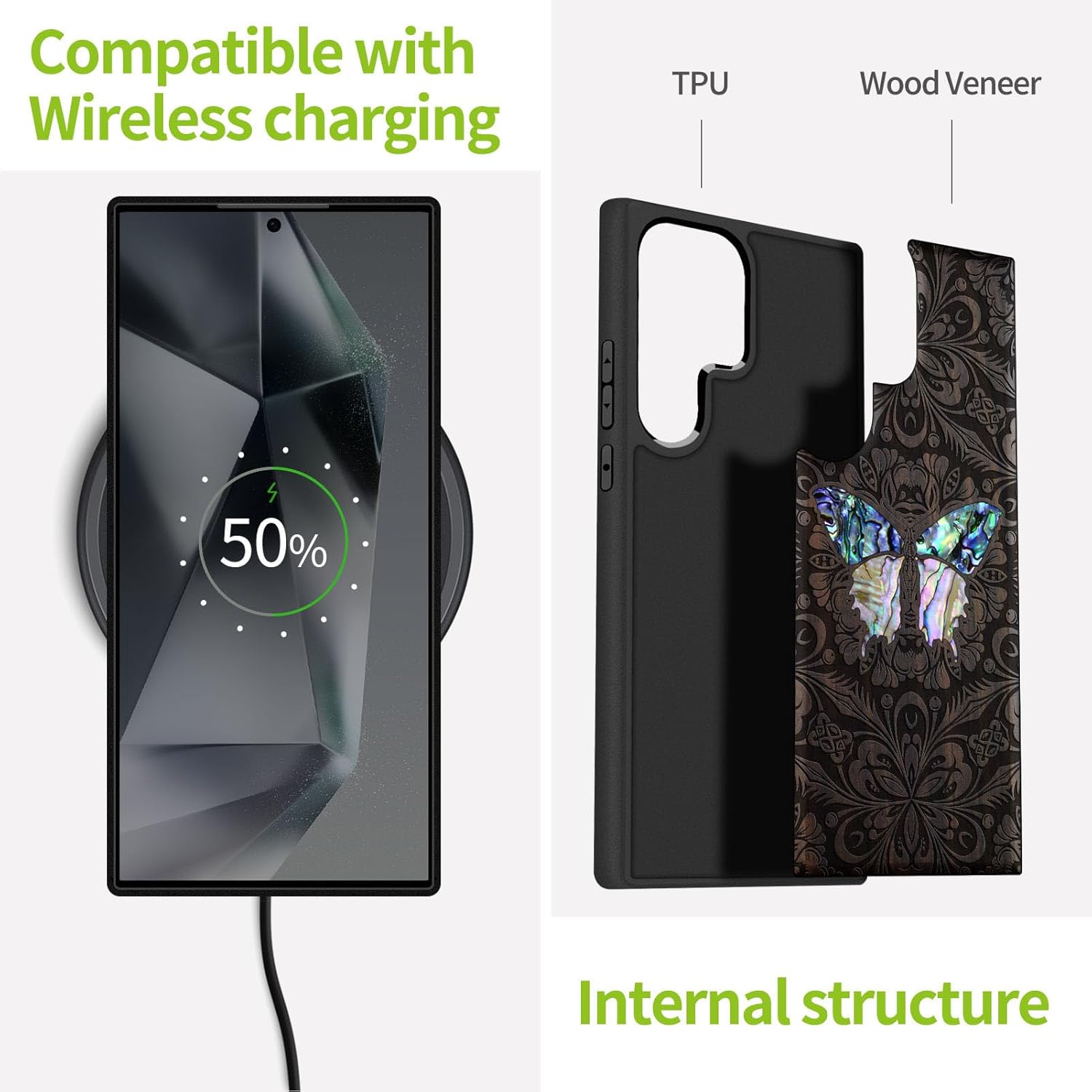 Carveit Designer Wooden Case for Samsung Galaxy S25 Ultra Case [Wood Engraving & Shell Inlay] Compatible with Wireless Chargers S25 Ultra (Baroque Butterfly-Blackwood)