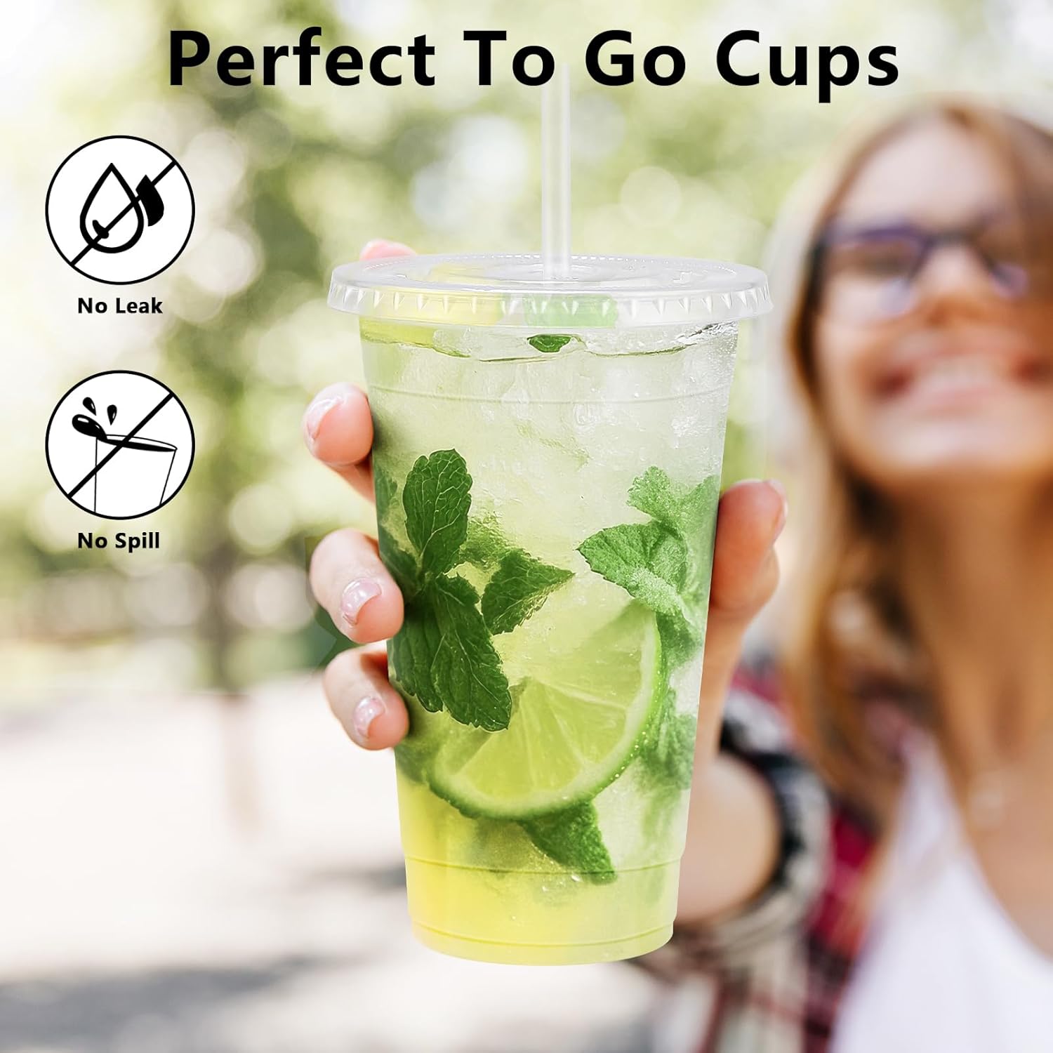 24 oz 100 Pack Plastic Cups with Lids and Straws, Sturdy Food Safe Iced Clear Coffee Cups Disposable Smoothie Cups for Cold Drinks - Image 4