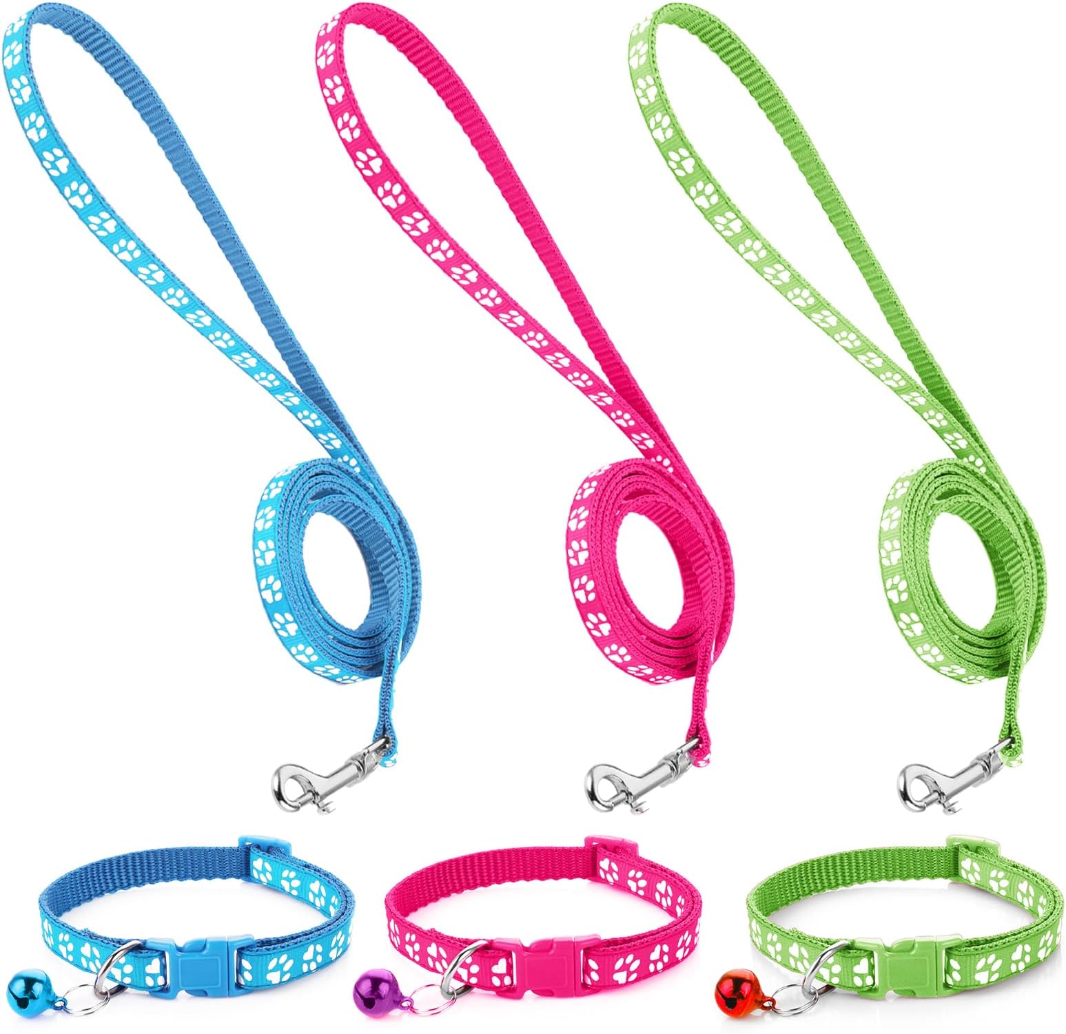 3 Pack Puppy Collar and Leashes Cat Small Dog Collar and Leash Pack Pet Kitten Collars and Leashes Adjustable Training Rope Quick Release Paw Print Soft Nylon