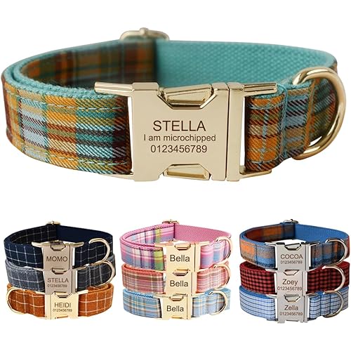 Custom Dog Collar with Metal Buckle - Pet Collars Personalized with Name and Phone Number (Plaid)