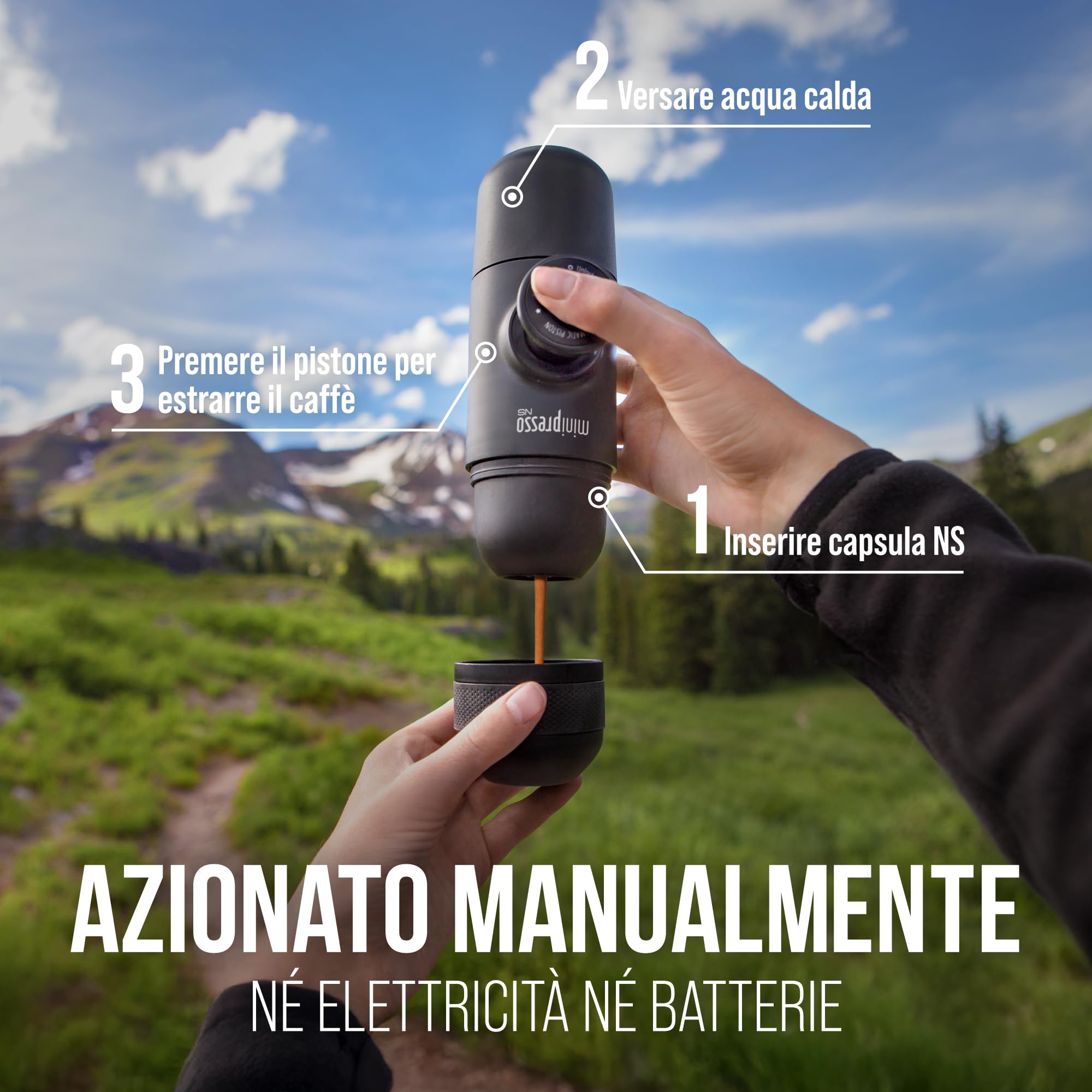 WACACO Caffettiera Portatile, Azionabile Manualmente, Macchina Caffe Portatile, Compatibile con Capsule *Nespresso®* (capsule originali NS e compatibili), Caffettiera da Viaggio, Minipresso NS, Nero