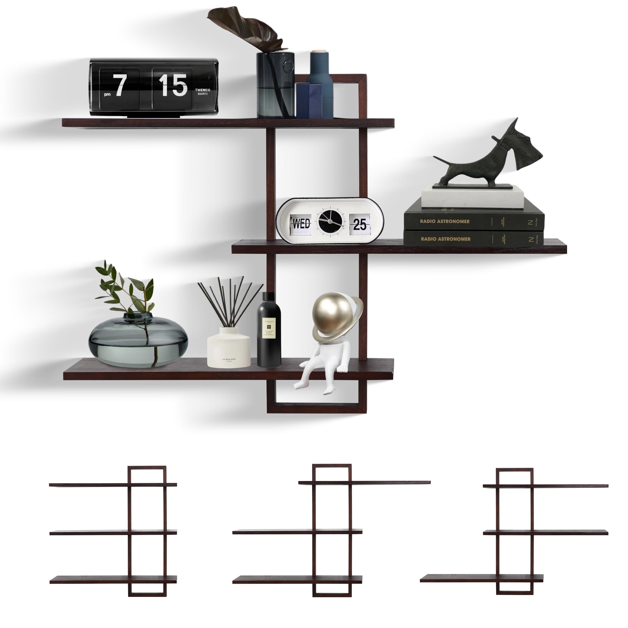 MIHORLIFE 3 Tier, Oak Frame, Rustic Floating Shelves for Wall, Hanging Square Storage Shelf, Display Holder Shelving Unit for Living Room, Bedroom, Home Decor, Walnut