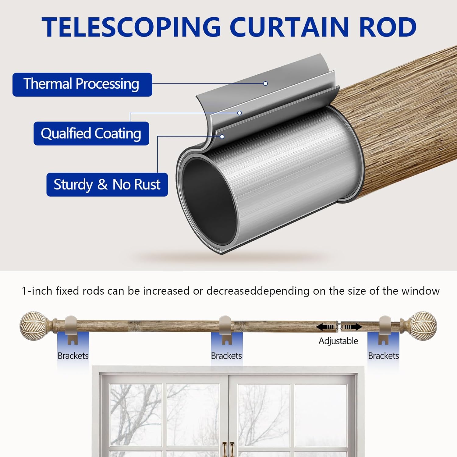 Wood Curtain Rods for Windows: 1 Inch Adjustable Heavy Duty Curtain Rod 72" to 144" with Imitation Wood Grain Leaf Pattern Finials,Boho Rustic Decorative Drapery Rods