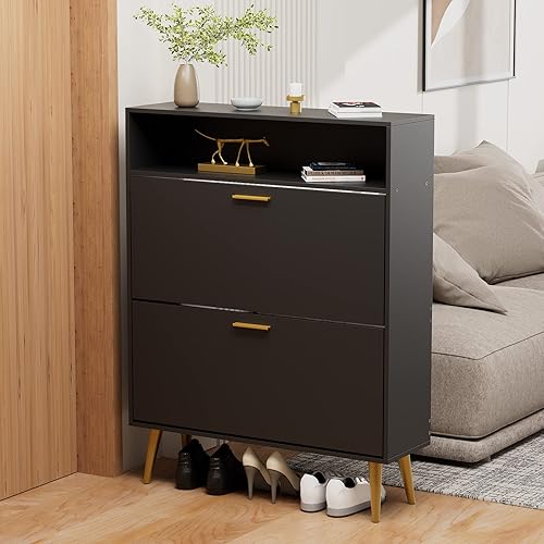 Miniatura 4 de JOZZBY Juego de 2 zapateros para entrada, armario negro con 2 cajones abatibles, armario delgado de almacenamiento de zapatos, organizador de