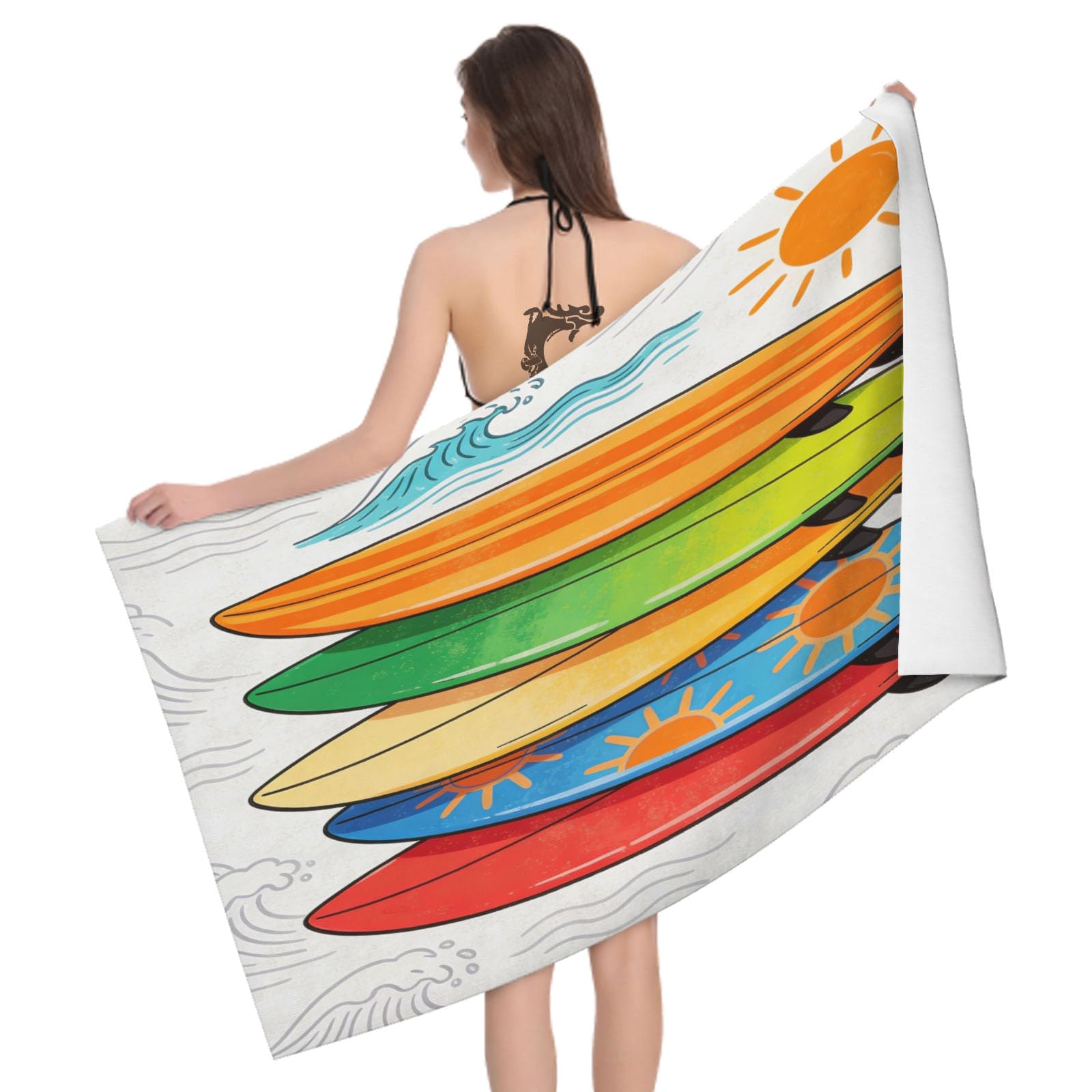 Leichong 3D Cartoon Surfboard Beach Towel Microfiber Soft Quick Dry for Adults, Stripes Colorful Bath Towel Lightweight Soft Absorbent for Travel Swimming Pool Sports, 75 x 150 cm
