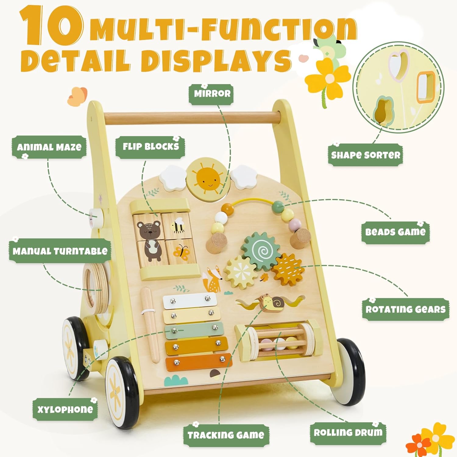 labebe Wooden Baby Walker, Push Walker for Baby Boys and Girls with Activity Center, Montessori Walker Push Toy for Toddler Learning to Walk image 2 of 8 B0FD2PBWBH