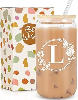 Gifts for Women, Birthday Gifts for Women, Personalised Monogrammed Gift, 16oz Initial Glass Cup with Lids Straws, Personalised Custom Cute Glass Cup for Mom, Teachers, Friends, Initial L