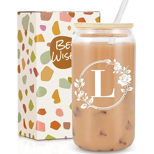 Birthday Gifts for Women, Monogrammed Initial Glass Cup Personalized Gifts for Women, 16oz Glass Cups with Lids and Straws, Iced Coffee Cup, Beer Can Shaped - Gift for Christmas, Birthday, L