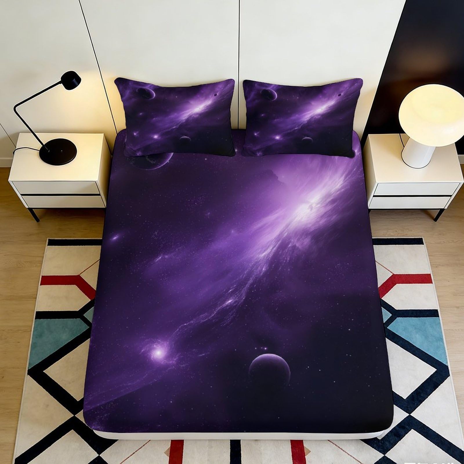 3D Printed Galaxy Starry Sky Fitted Sheet Microfiber Purple Cosmic Nebula Mattress Cover Bedroom Decor 90x200x25cm
