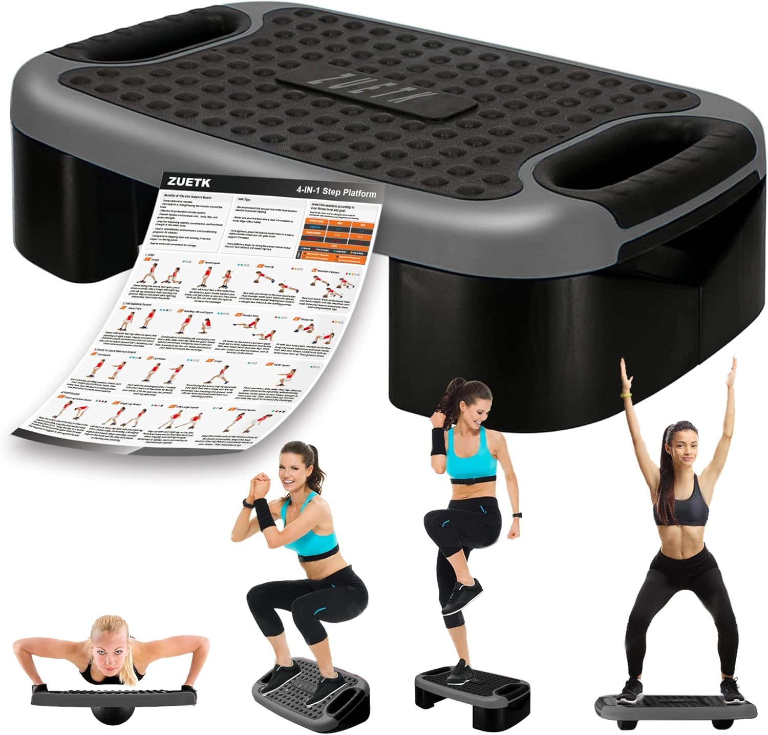4-In-1 Balance Board and Stepper Exercise Platform - Aerobic Step Adjustable Home Workout Slant Board, Non Slip Soft cushion - With Home Workout Suggestions