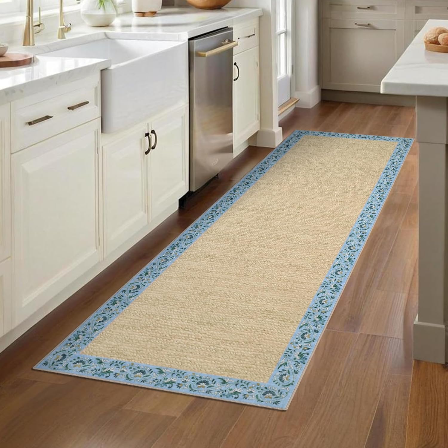 Garvee Bordered 2x6 Kitchen Rugs, Washable Non Slip Hallway Runner, Low Pile Stain Resistant Floral Throw Carpet Rug for Laundry Bathroom, Vintage Decorative Bedroom Rugs for Home Office, Light Blue