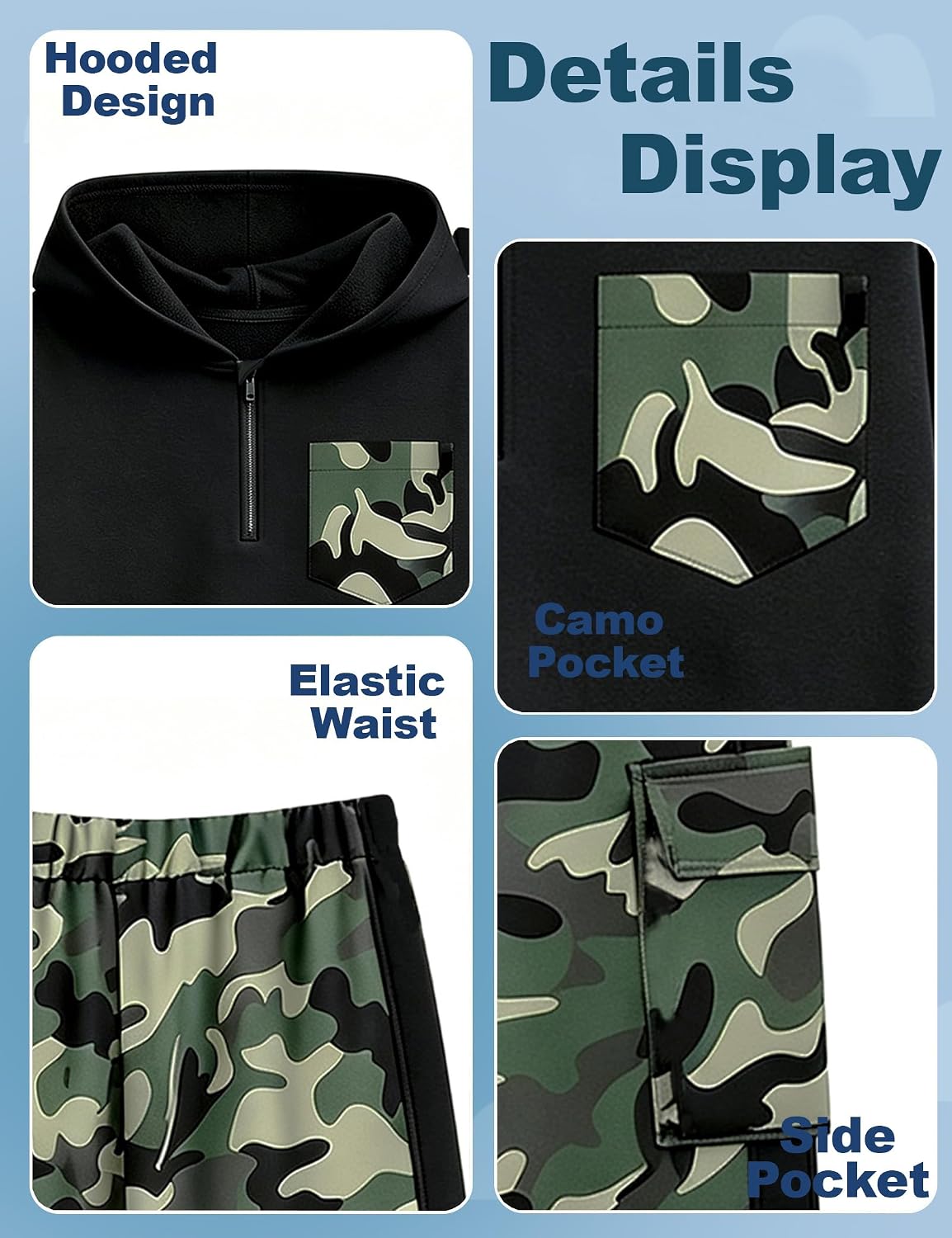 Clothes for Boys Camo Hooded Sweatshirt and Pants Set Size 6-16