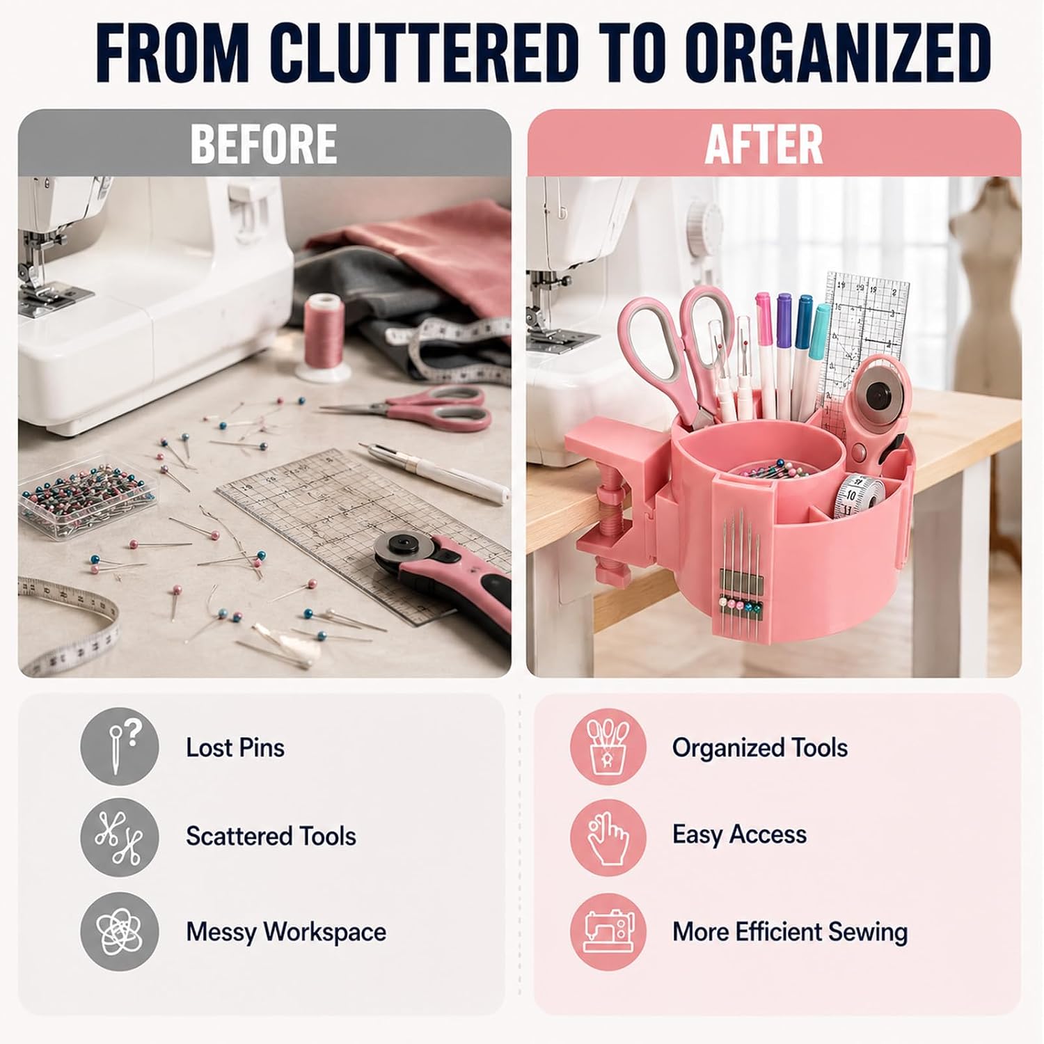 Sewing Table Organizer, Craft Table Clamp Organizer with Magnetic Pin Holder, Adjustable Clamp-On Sewing Notions Organizer for Scissors, Seam Ripper, Quilting Tools & Sewing Accessories