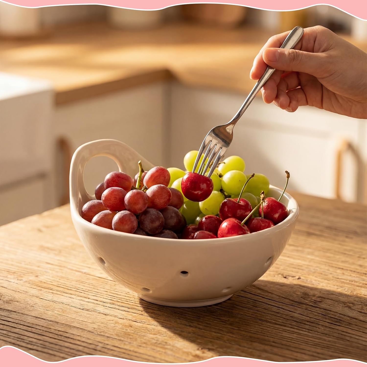 2 Pcs Berry Bowls with Holes Ceramic Fruit Basket with Handles Beige Berry Basket Rinse Fruit Stoneware Harvest Bowl Container for Kitchen Counter Strawberry Grape Cherry Microwave Dishwasher