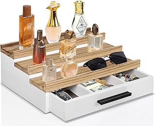 منظم عطور من 3 طبقات للرجال، منظم عطور خشبي مع درج، منظم حامل عطور للتنظيم والتخزين، حامل عطور لديكور غرفة الرجال ورف عرض العطور للرجال والنساء