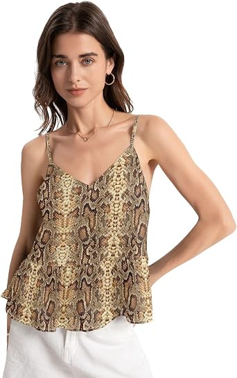 Chiffon Tank Tops for Women Brown Snakeskin V Neck Flowy Summer Top Loose Camisoles Spaghetti Strap