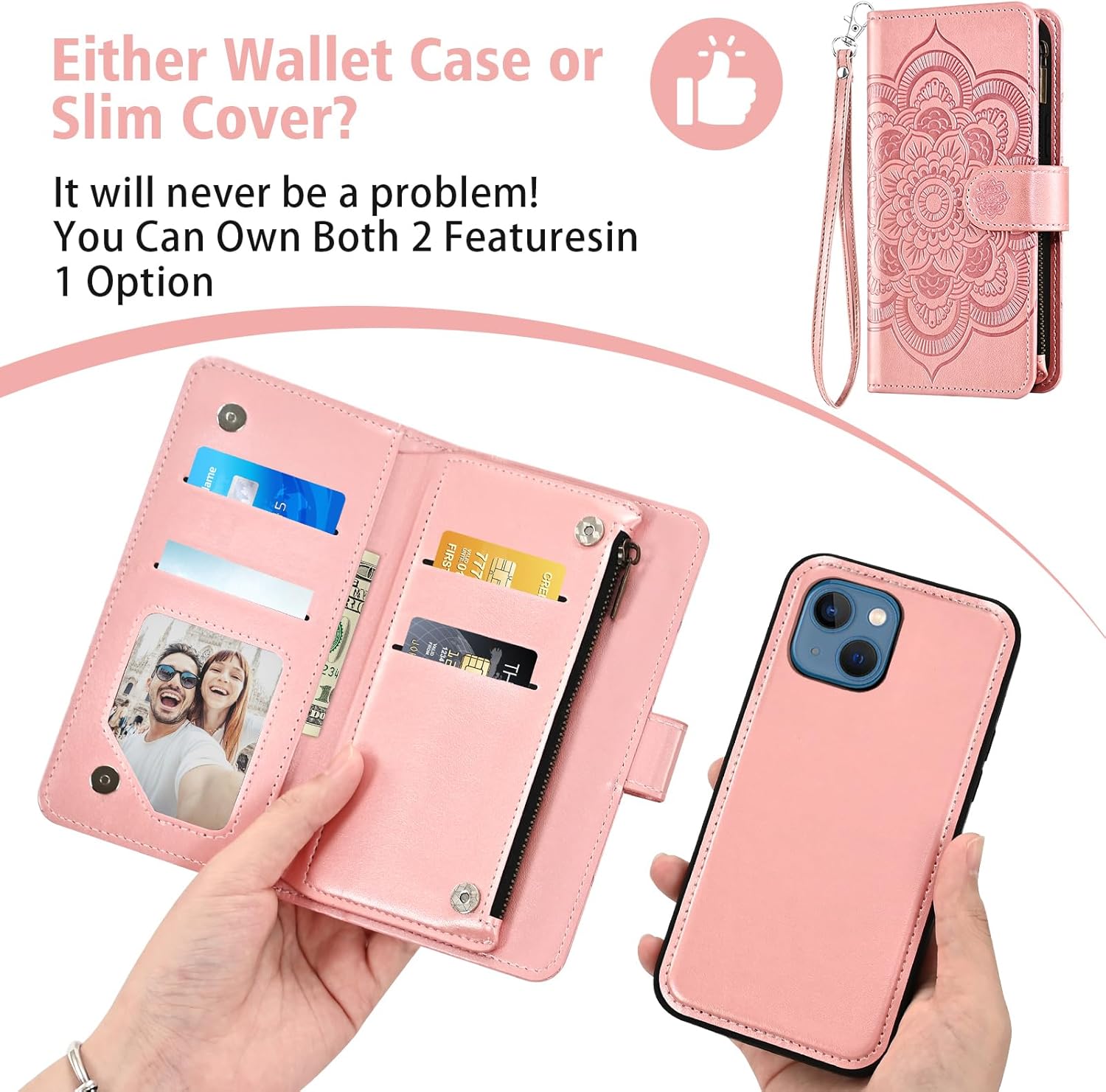 Asuwish Phone Case for iPhone 13 Mini 5.4 inch Zipper Wallet Cell Cover with Screen Protector Crossbody Strap Flower Card Holder iPhone13mini i-Phone 13minicase i iPhone13 13mini Women Girls Rose Gold