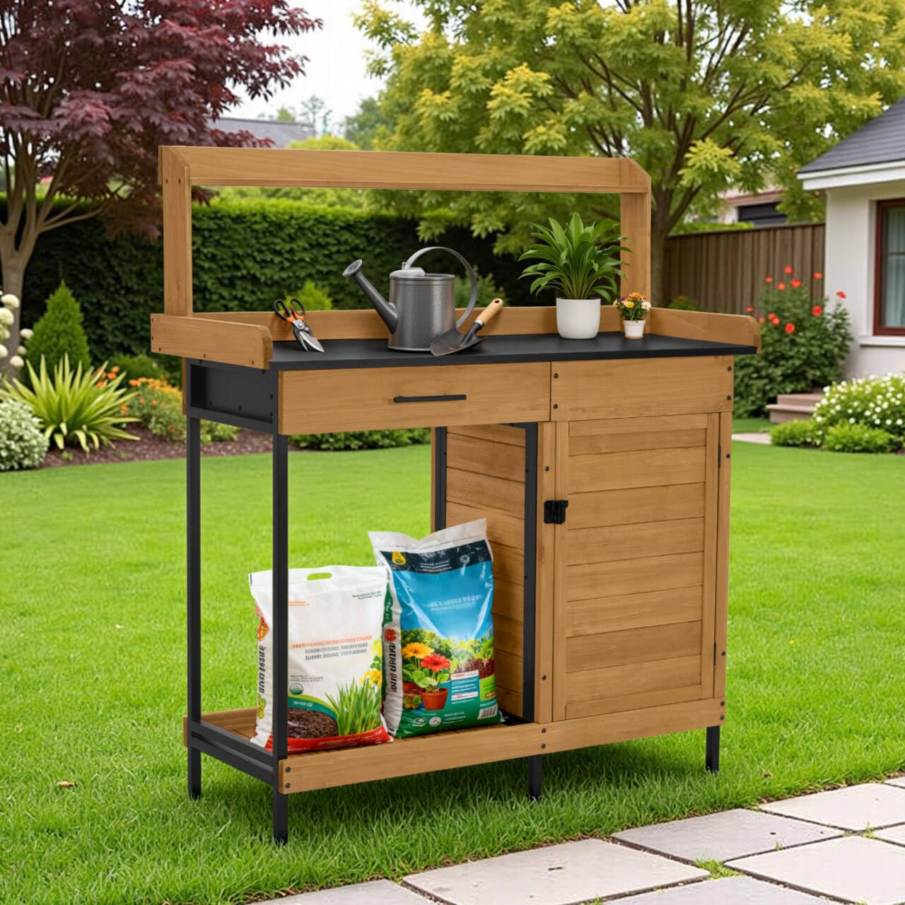 M MCombo Table de Jardin avec Plateau de Travail galvanisé et Rangement Bas. Table de rempotage en Sapin résistant aux intempéries, 3 Crochets. pour Jardin, Balcon et terrasse, Naturelle, 2049