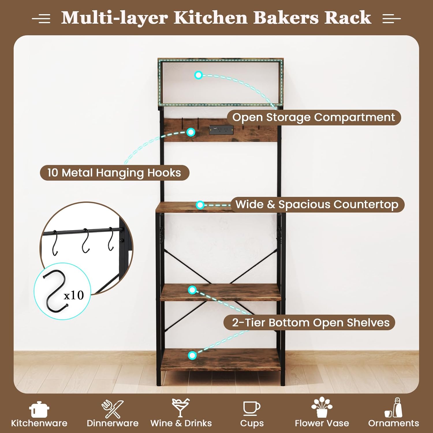 Bakers Rack with Power Outlet, 5-Tier Microwave Stand with Open Storage Shelves & 10 S Hooks, 60”H Farmhouse Coffee Bar for Kitchen Spice Organizer, Entryway, Workstation, Living Room
