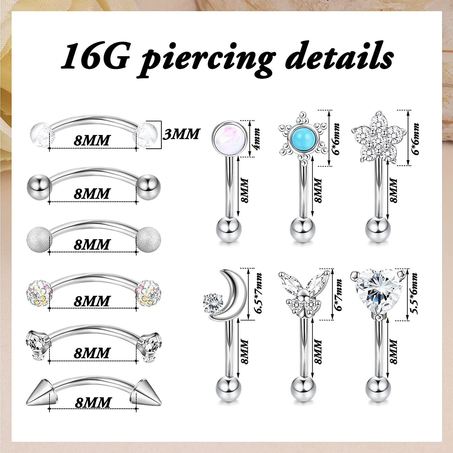 LOLIAS 12 sztuk kolczyków 16 G Rook Daith Curved Barbell ze stali nierdzewnej dla kobiet, piercing tragus, brwi, kolczyk do ciała, kolczyk typu banan, zestaw biżuterii 6-8 mm, 1.2 mm, Stal nierdzewna