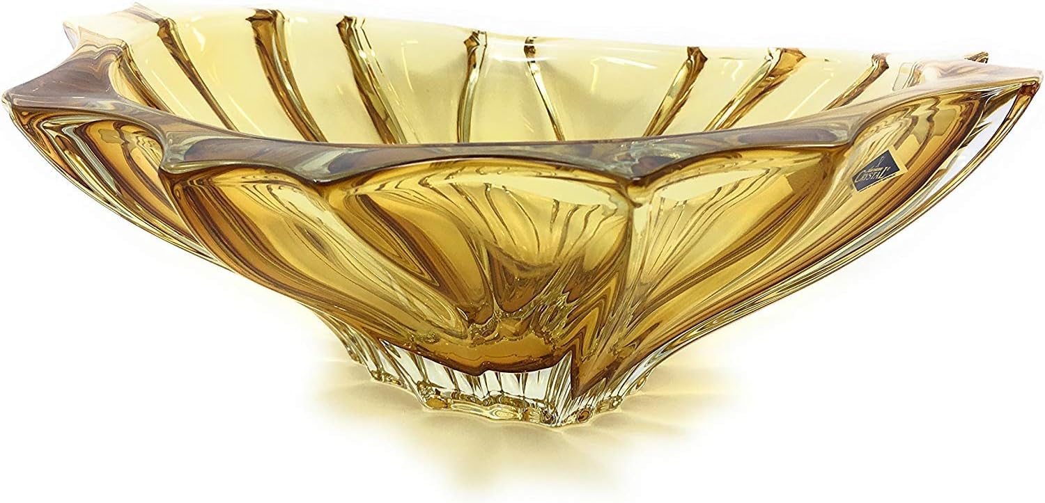 Czech Bohemian Crystal Glass Bowl-Vase 12"-Dia Amber-Yellow ''Plantica'' Vintage European Design Home Decor Wedding Gift Elegant Centerpiece Fruits Candies Desserts Flower Classic Crystal