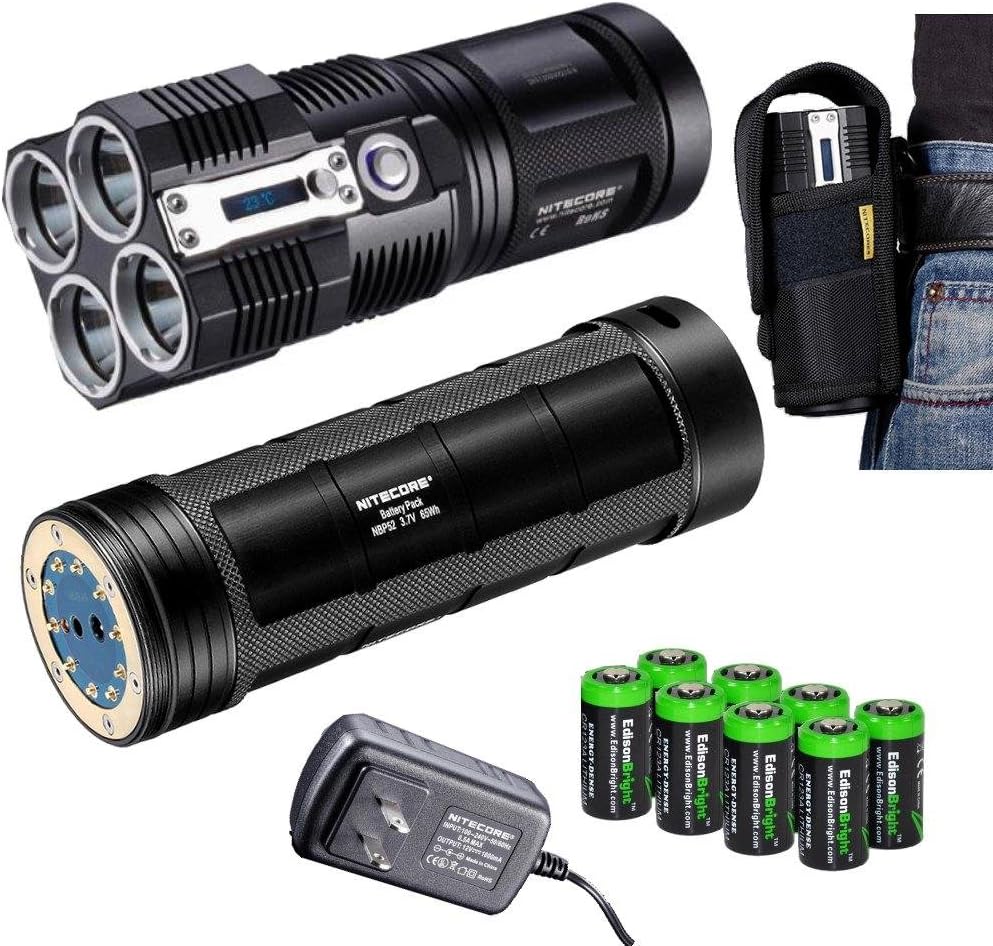 Nitecore Tiny Monster TM26 QuadRay 3500 Lumen Quad CREE XM-L LED Flashlight/Searchlight NBP52 Rechargeable Battery Pack and 8 X EdisonBright CR123A Lithium Batteries Package