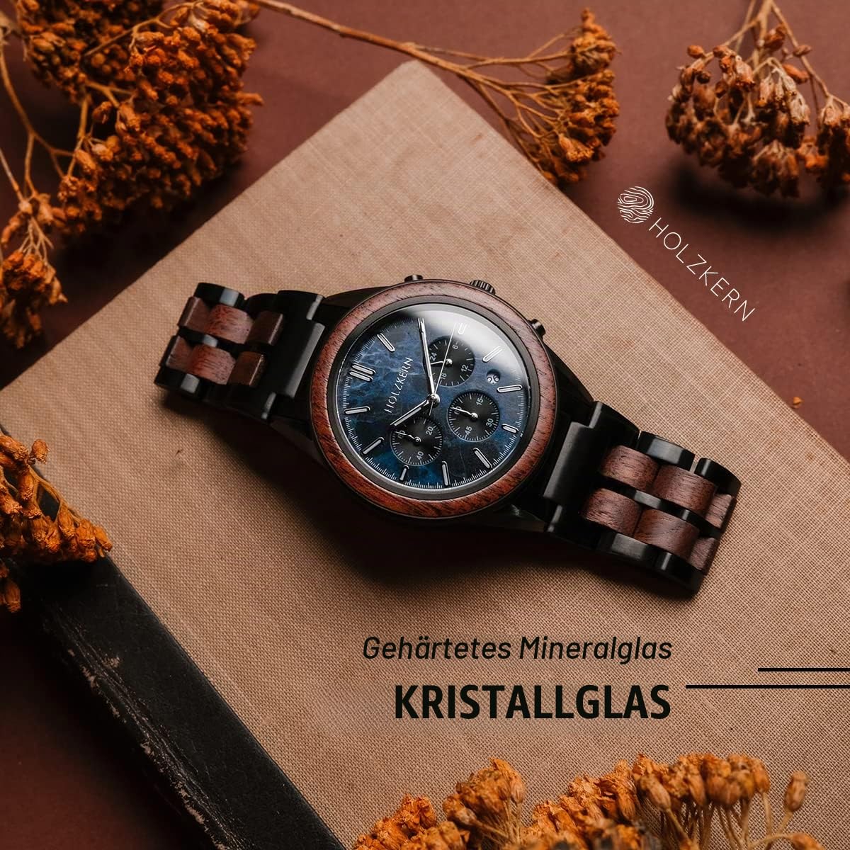 HOLZKERN Herren-Chronograph Quarz Space Dust Walnuss/Marmor 9120078339282 | Herrenuhr aus mattiertem Edelstahl, Armbanduhr mit präzisem japanischem Quarzwerk
