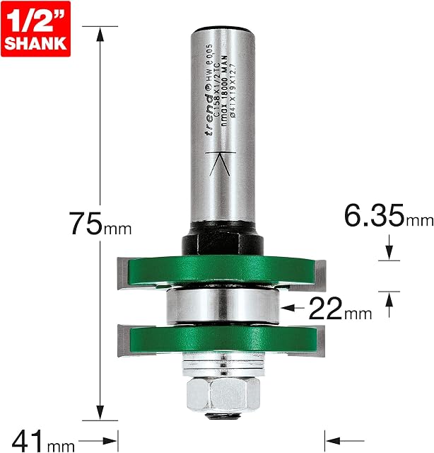 Trend C158X1/2TC Craft Pro 1/2 Shank Guided Tongue & Groover Set Router Cutter Bit-C158X1/2TC-Diameter 41mm Cutting Length 6.35mm Bearing 22mm Tungsten Carbide Tipped, Silver