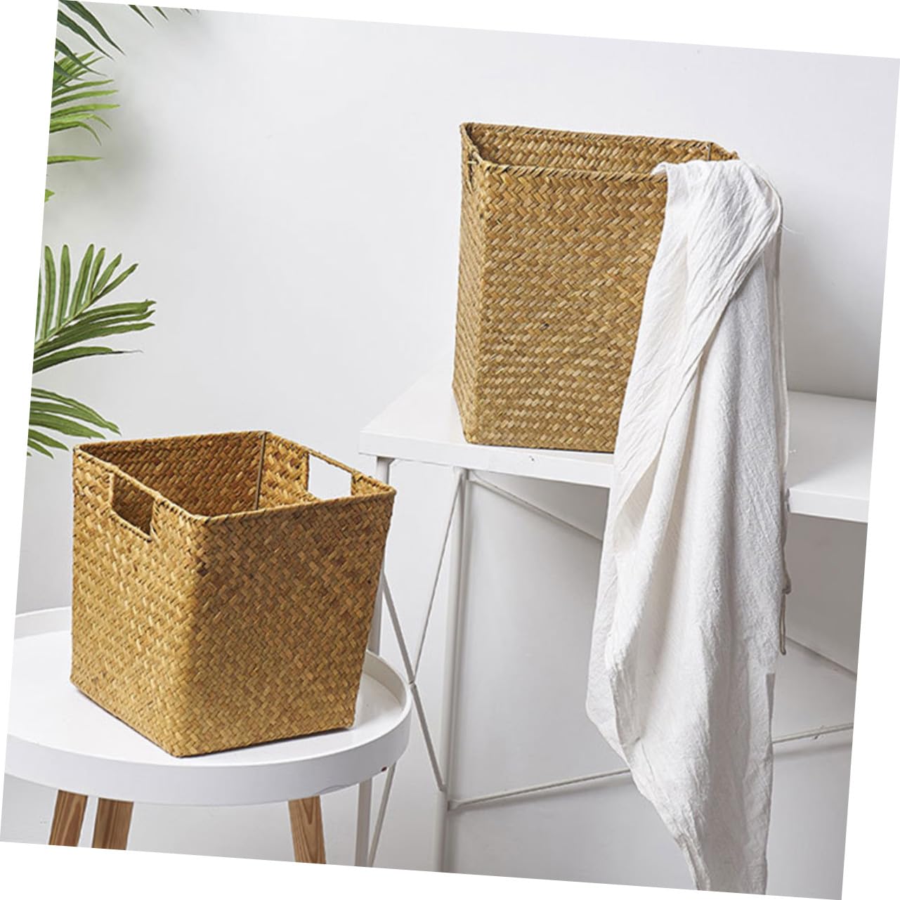 Panier Tissé à La Main En Algues Marines Jaune Panier Artisanal Décoratif Dimensions Moyennes Naturel Et Pratique Rangement Pour Salon, La Cuisine Ou Salle De Bain