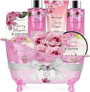 BODY & EARTH Geschenke für Frauen 8 tlg, Kirschblüten und Jasmin Duft, Schaumbad, Duschgel, Badesalz, Bodylotion, SPA Geburtstagsgeschenk für Frauen, Geschenke für Mama, Freundin, Muttertag