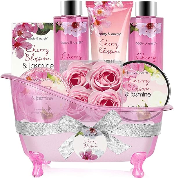 BODY & EARTH Geschenke für Frauen 8 tlg, Kirschblüten und Jasmin Duft, Schaumbad, Duschgel, Badesalz, Bodylotion, SPA Geburtstagsgeschenk für Frauen, Geschenke für Mama, Freundin, Muttertag