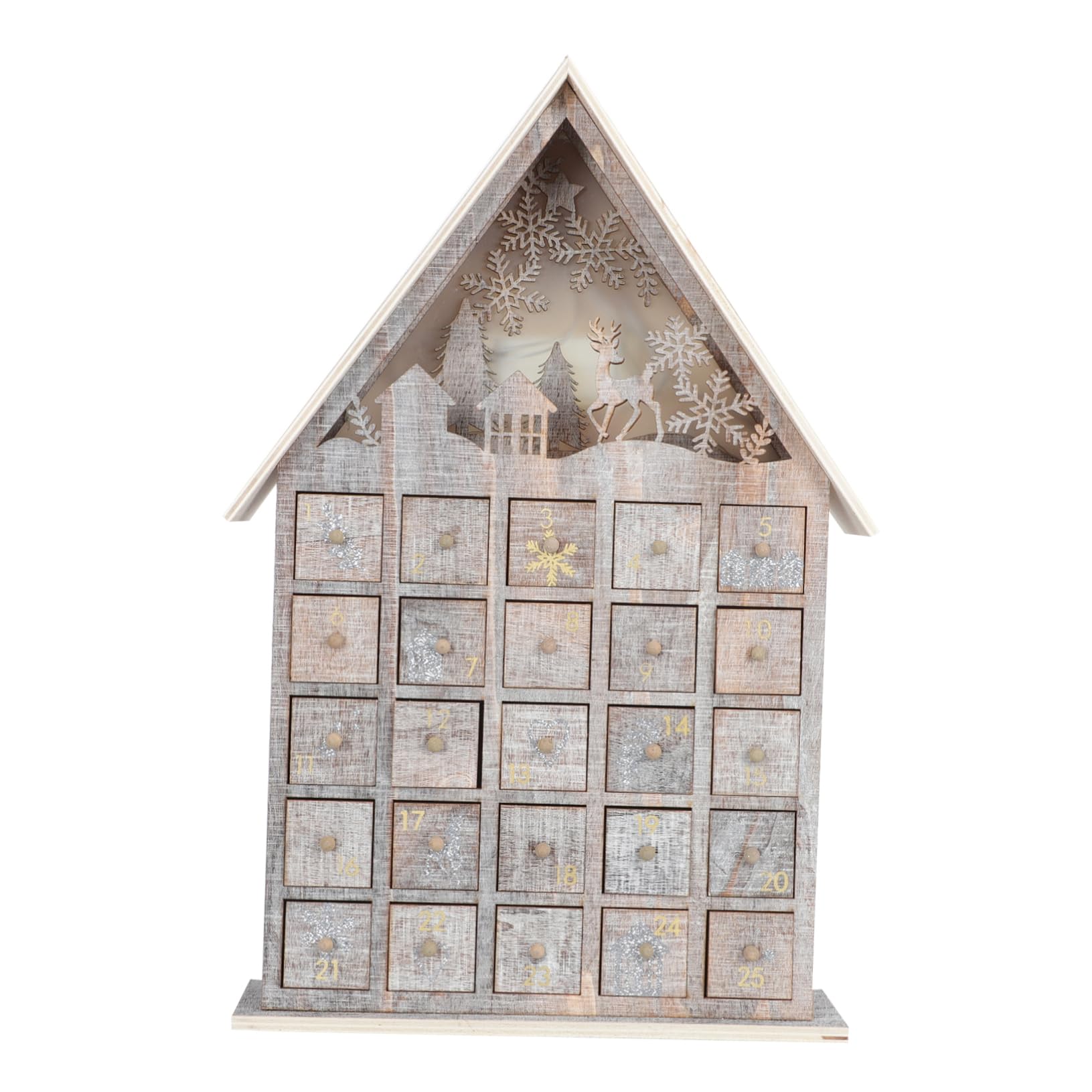 Holz Adventskalender für Junge Mädchen mit Beleuchteter Schublade Weihnachtstischdekoration aus Holz Langlebig und Stabil für Wohnzimmer und Esstisch