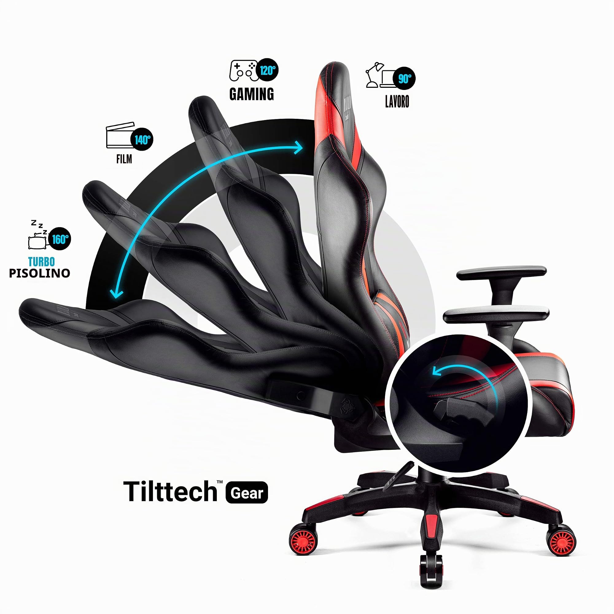 DIABLO X-Horn 2.0 Sedia da Gaming Gamer Poltrona da Ufficio Scrivania Girevole Braccioli 3D Design Ergonomico Supporto Lombare Meccanismo di Inclinazione Nero-Rosso Normal (L)