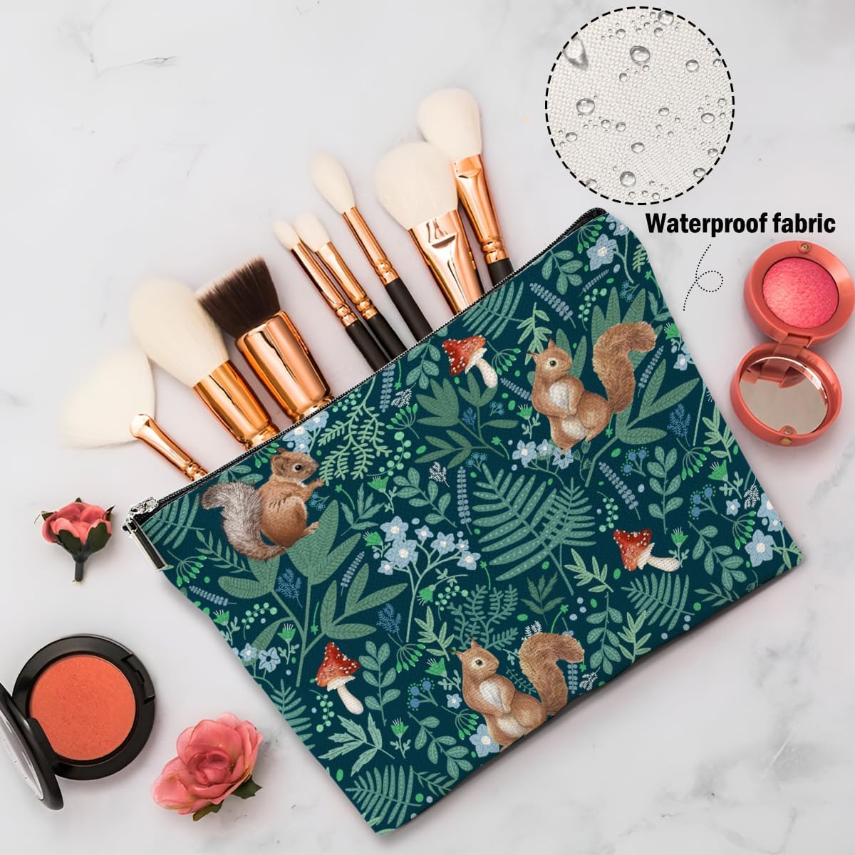 Forest Squirrel Makeup Bag, Botanical Squirrels Cosmetic Bag Travel Pouch, Squirrel Animal Lovers Gifts for Women Girls Daughter Sisters Coworker Friends Wife Friendship Graduation Birthday Gifts - Image 4