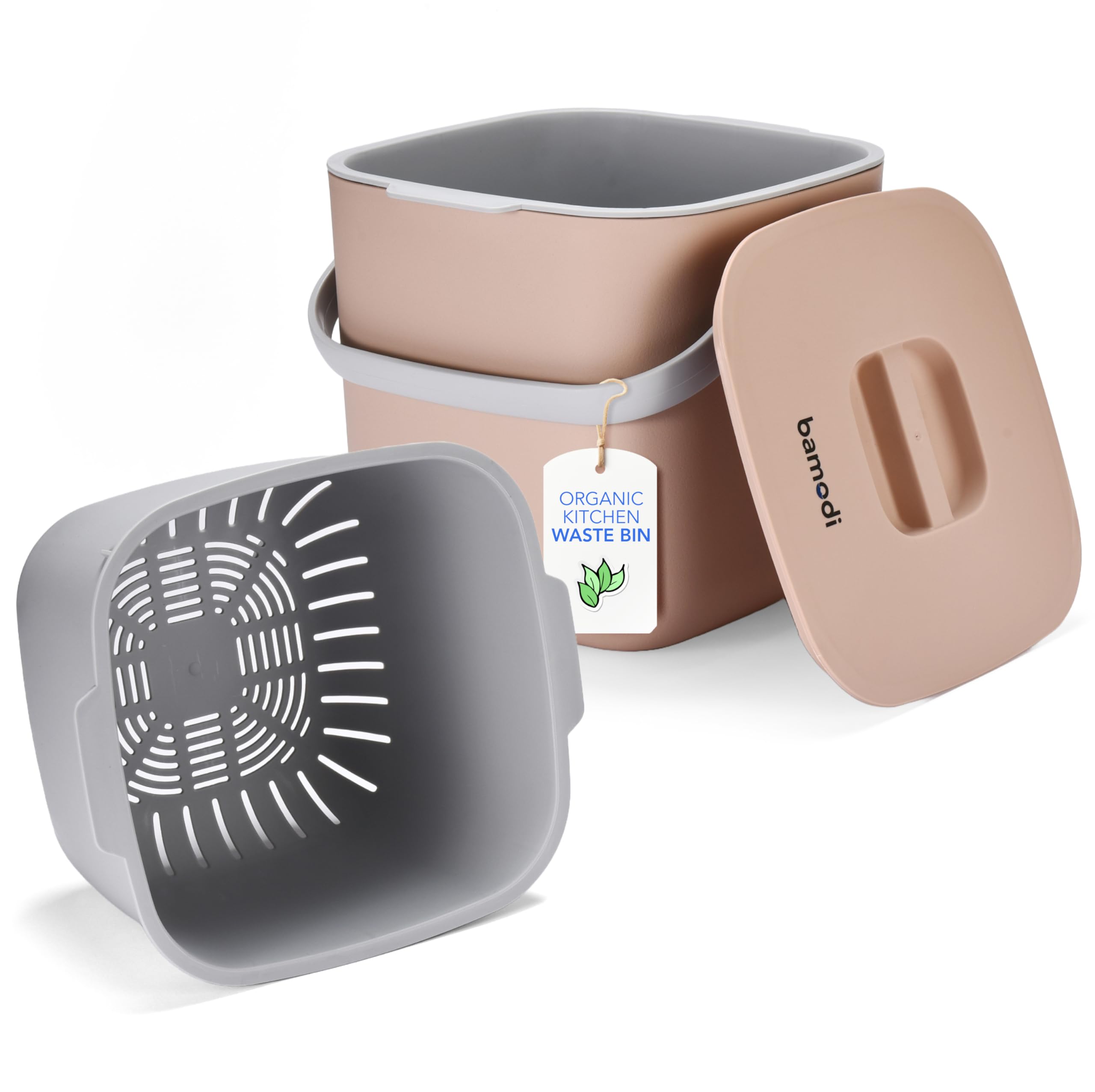Bamodi Organic Bin 7L Peach mit Deckel und 2 Fächer - Bio-Abfalleimer für die Küche für den täglichen Abfallbehälter in Pfirsichfarbe – Geruchsdicht - Ideal für Kompost und Kleiner Abfalleimer