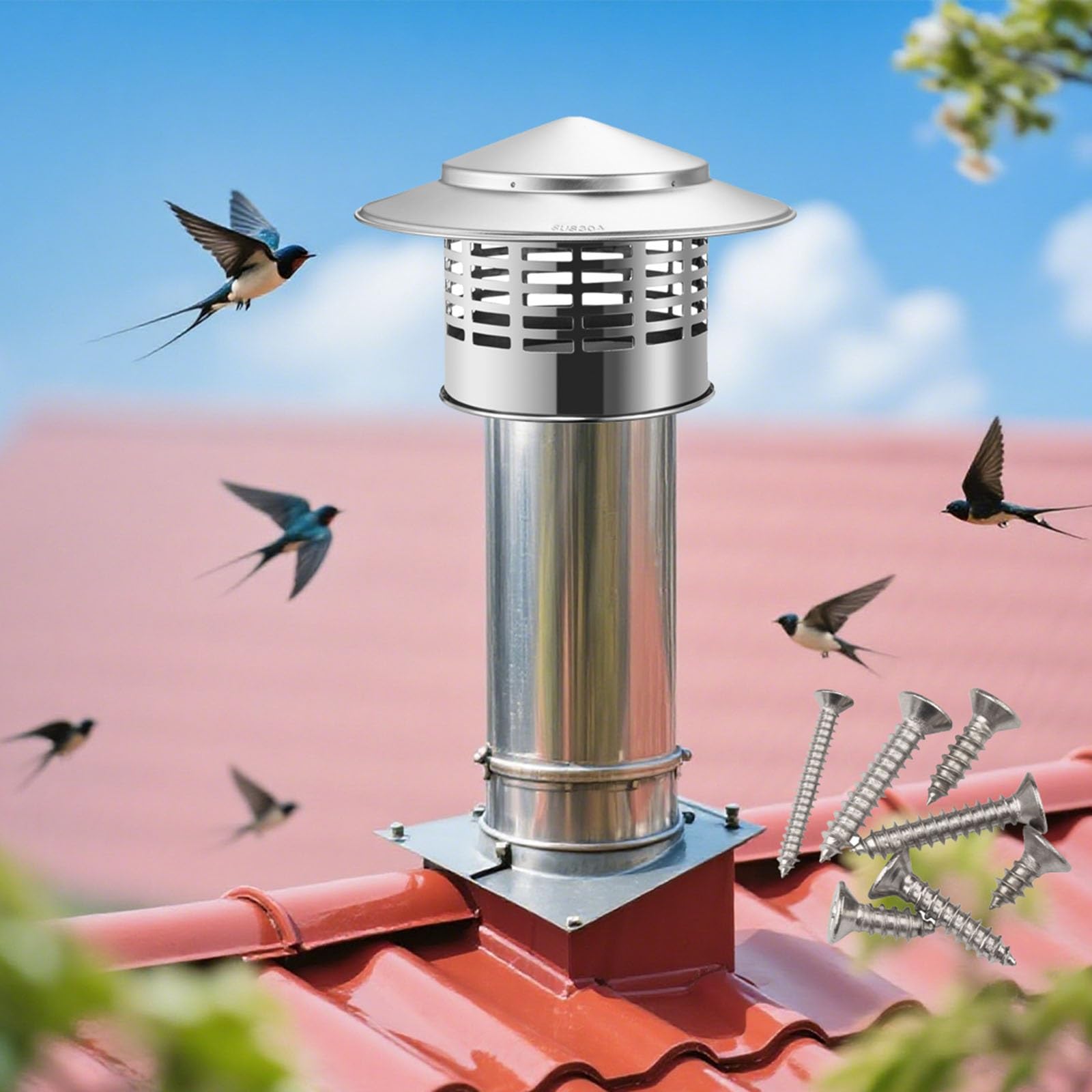 MYXJGNAIY Vent Chimney Cap, Flue Lid Chimney Cover, 304 Stainless Steel Rainproof Chimney Cowl, Stove Pipe Topper Cover for Outside, Birdproof Cap, Easy Installation(9.9in)