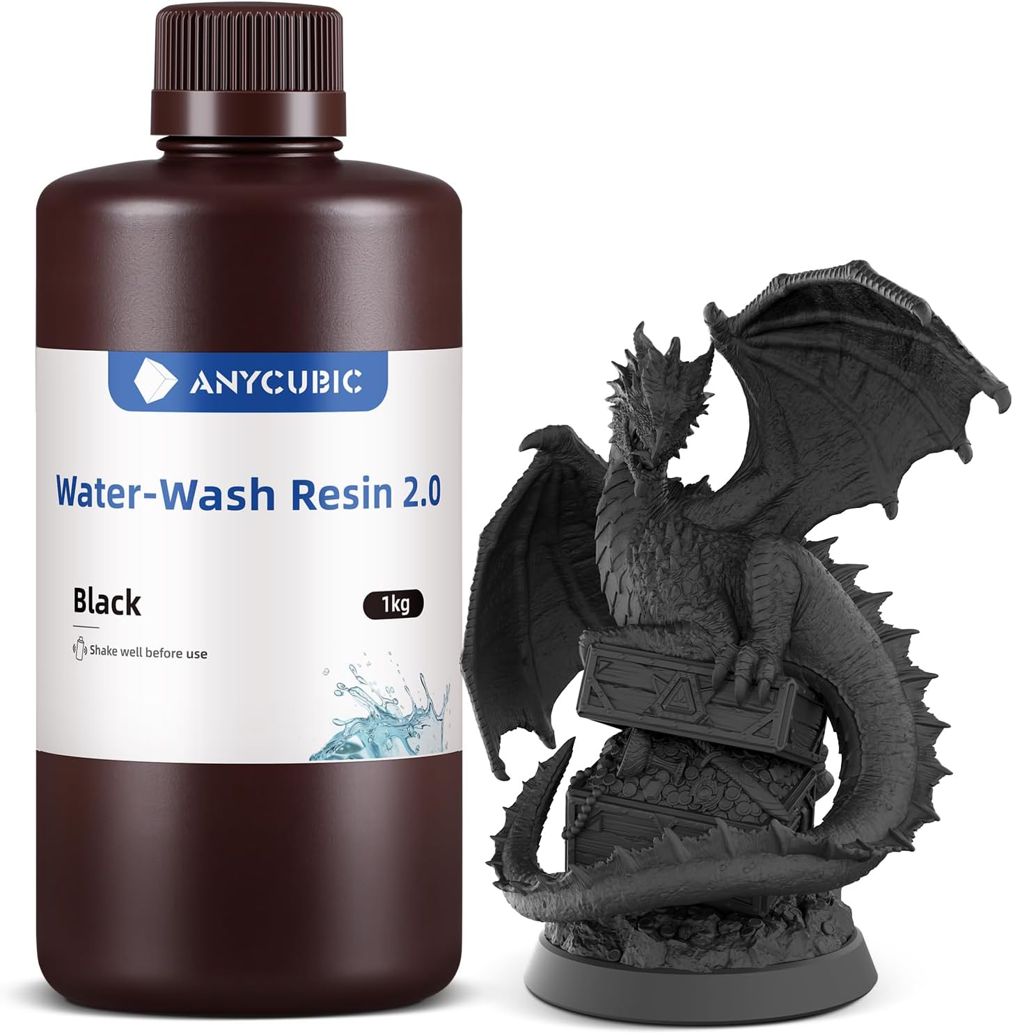 ANYCUBIC 3D Printer Resin, Water Washable Resin 2.0, No Need Extra Alcohol and Easy to Clean, Fast Curing, Low Odor, Wide Compatibility for All LCD Resin 3D Printers (Black, 1kg)