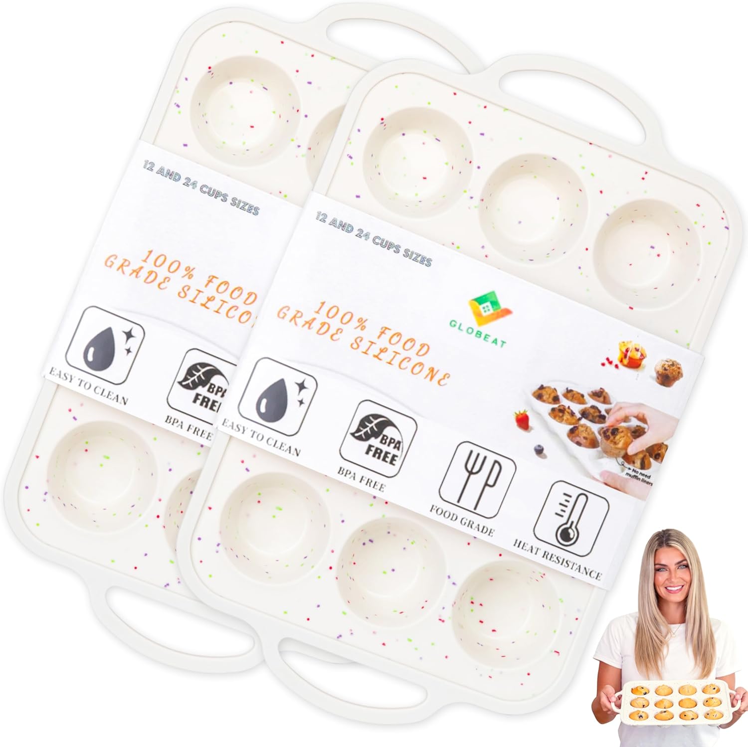 Globeat 12 Cups Size-2pack Muffin Pan with Metal Reinforced Frame Silicone Cupcake Pan for Baking, BPA Free Silicone Muffin Tray, 2Pack-Cupcake Baking Pan Molds (2, Standard: 12 Cups Size-2Pack)